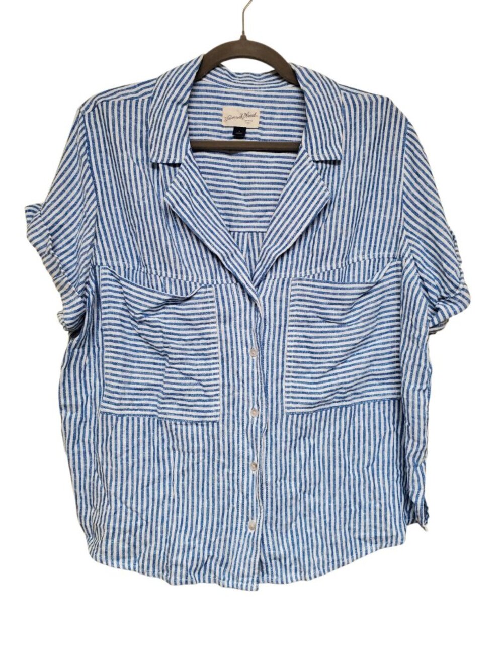 Universal Thread Women's Blue White Stripe Linen Blend Boxy Button Up Shirt L
